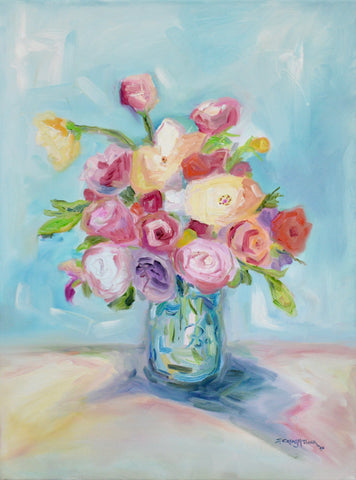 Roses and Tulips in a Blue Ball Jar